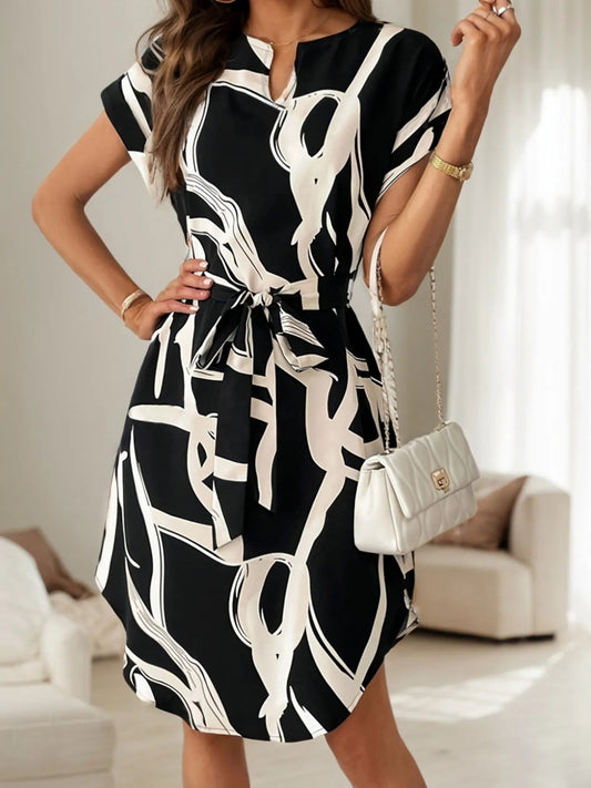 Abstract Print Belted Short Sleeve Midi Dress - adritiX