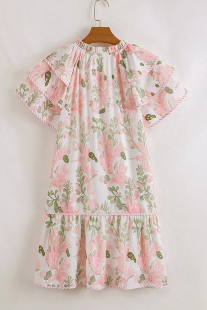 Floral Contrast Edge Layered Short Sleeve Mini Dress - adritiX