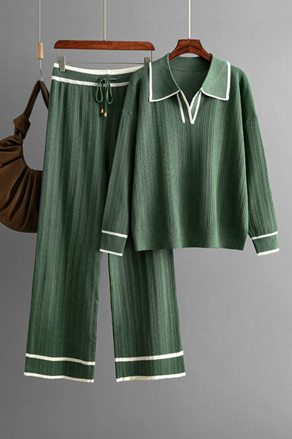 Contrast Trim Johnny Collar Top and Drawstring Pants Sweater Set - adritiX