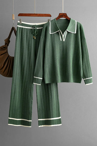 Contrast Trim Johnny Collar Top and Drawstring Pants Sweater Set - adritiX