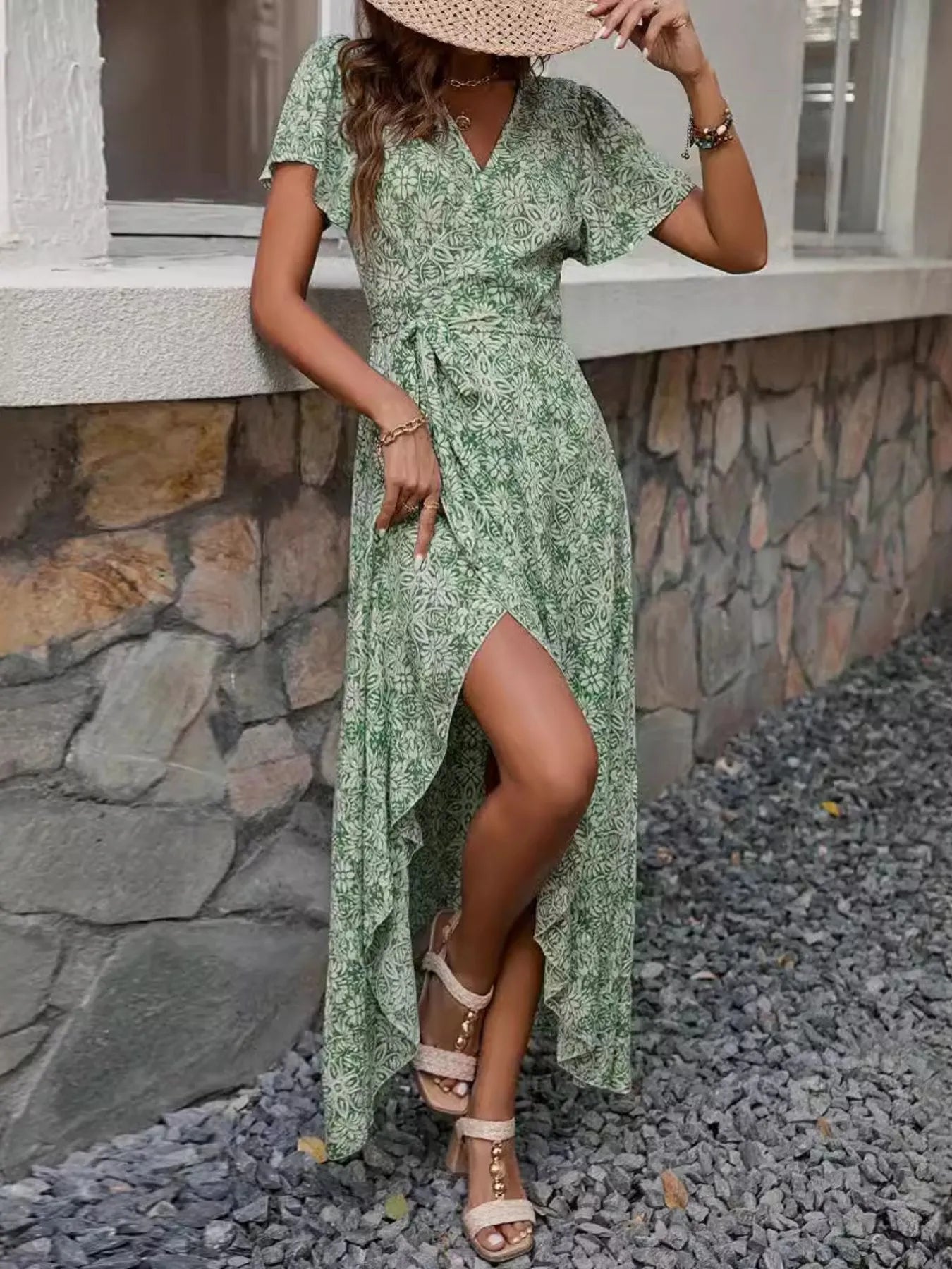 Printed Surplice Maxi Dress with Flutter Sleeves - adritiX