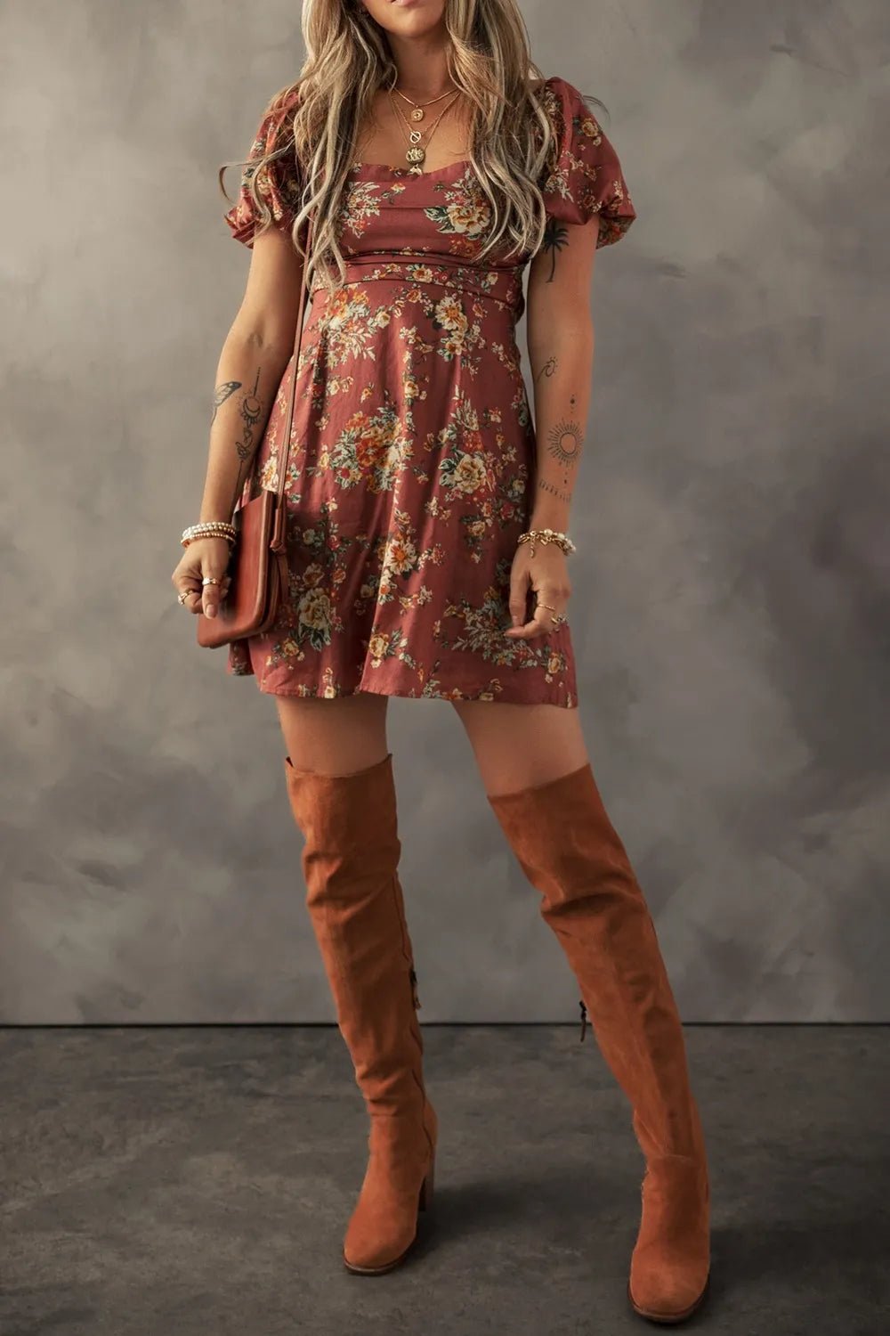 Floral Puff Sleeve Square Neck Knot Open Back Mini Dress - adritiX