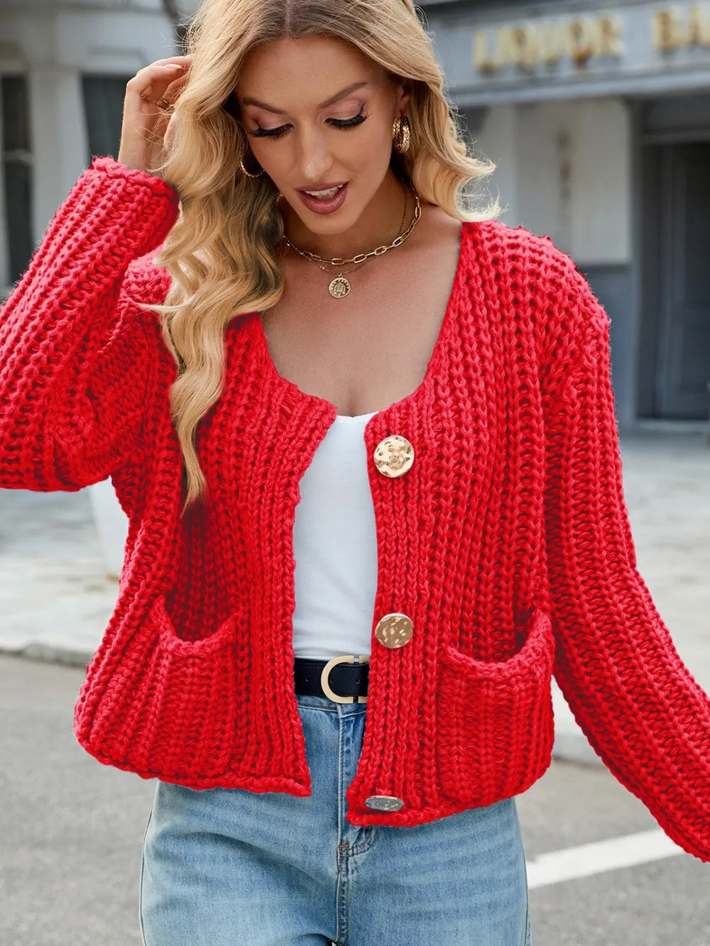 Round Neck Button Up Cardigan with Pockets - adritiX