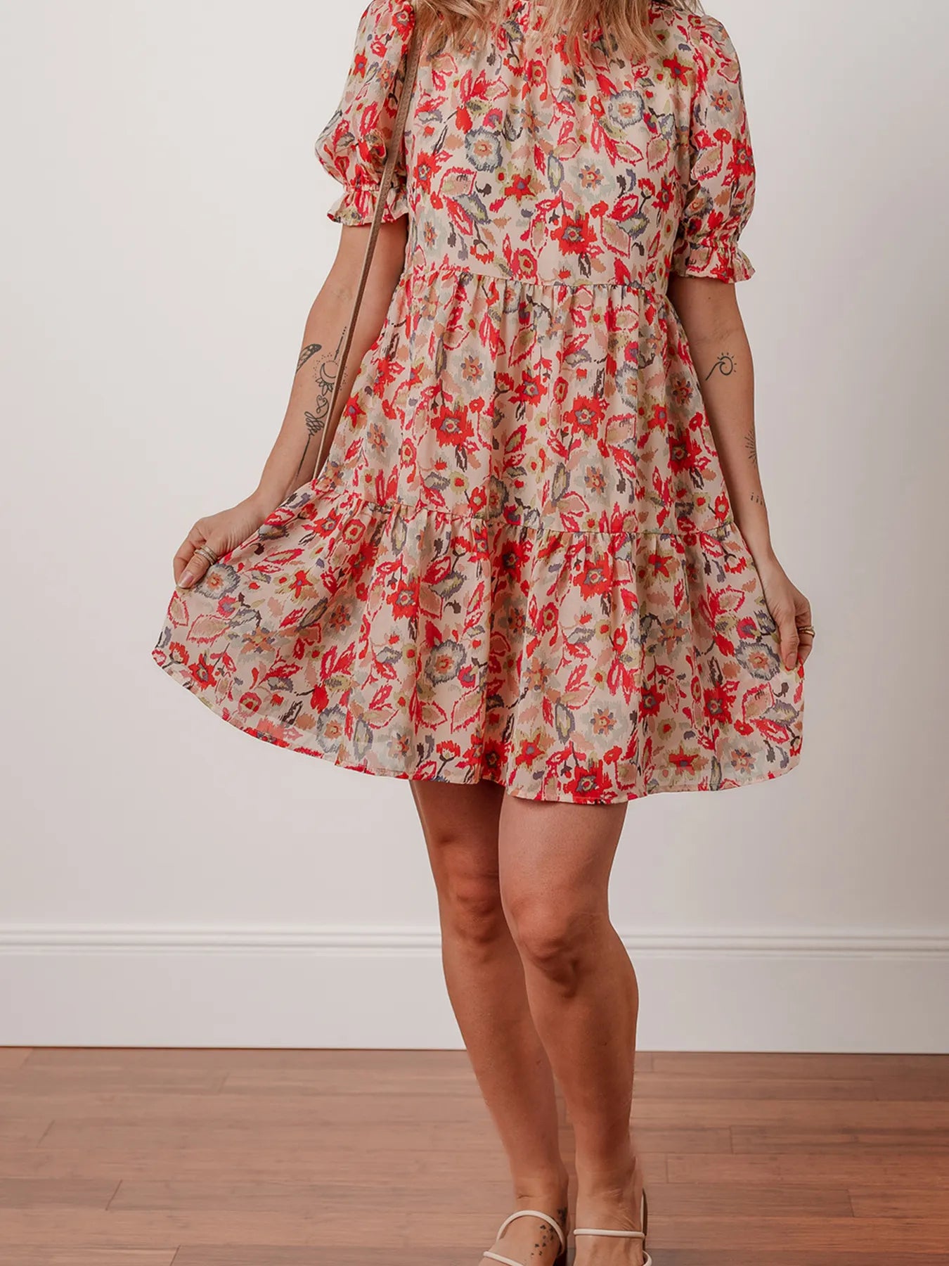 Floral Print Frilled Neck Puff Sleeve High Waist Dress - adritiX