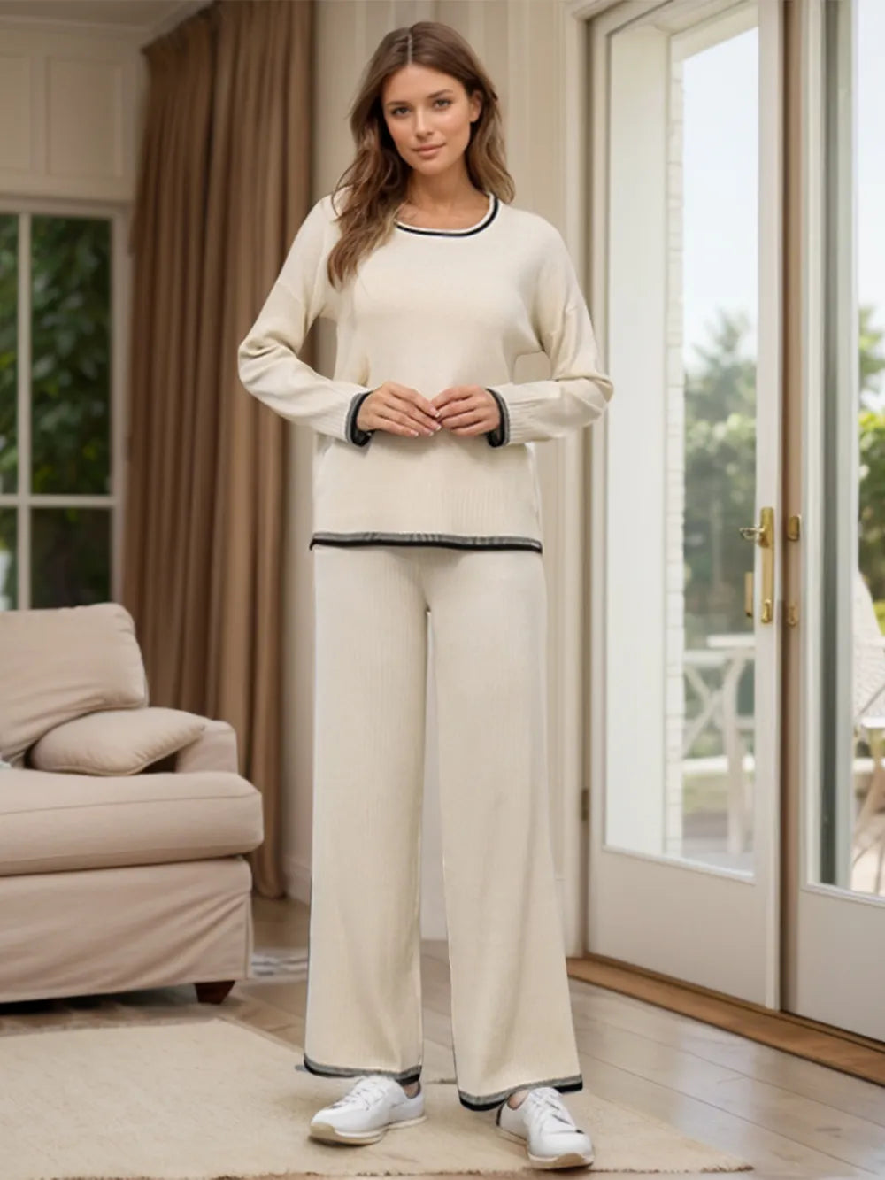 Elegant Contrast Trim Round Neck Top and Pants Sweater Set - adritiX