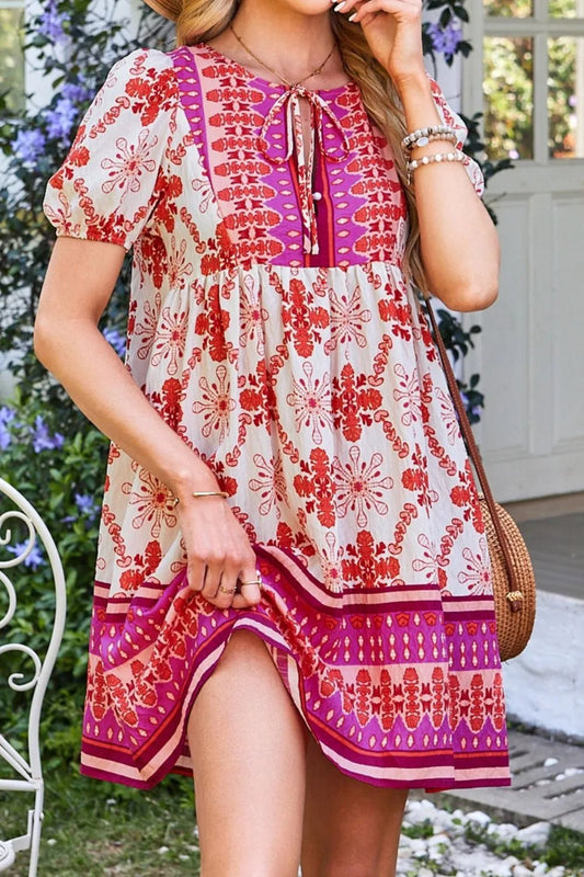 Boho Floral Short Sleeve Tie Neck Mini Dress - adritiX