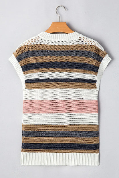Stripe Color Block Eyelet Knit Short Sleeve Knit Top - adritiX