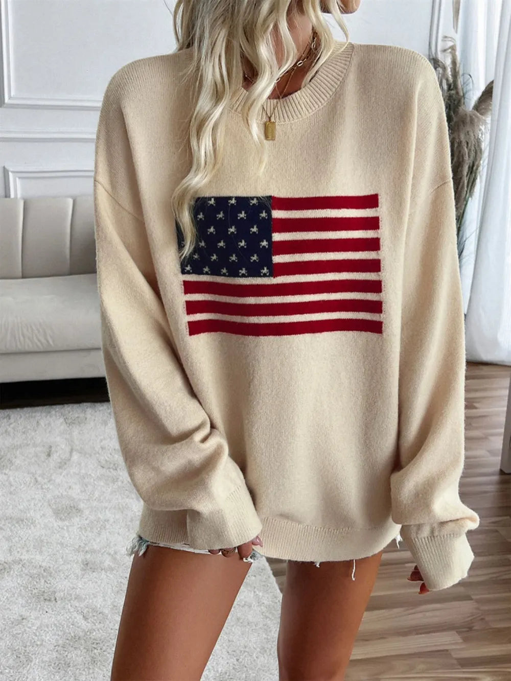 Devine US Flag Round Neck Long Sleeve Knit Top - adritiX
