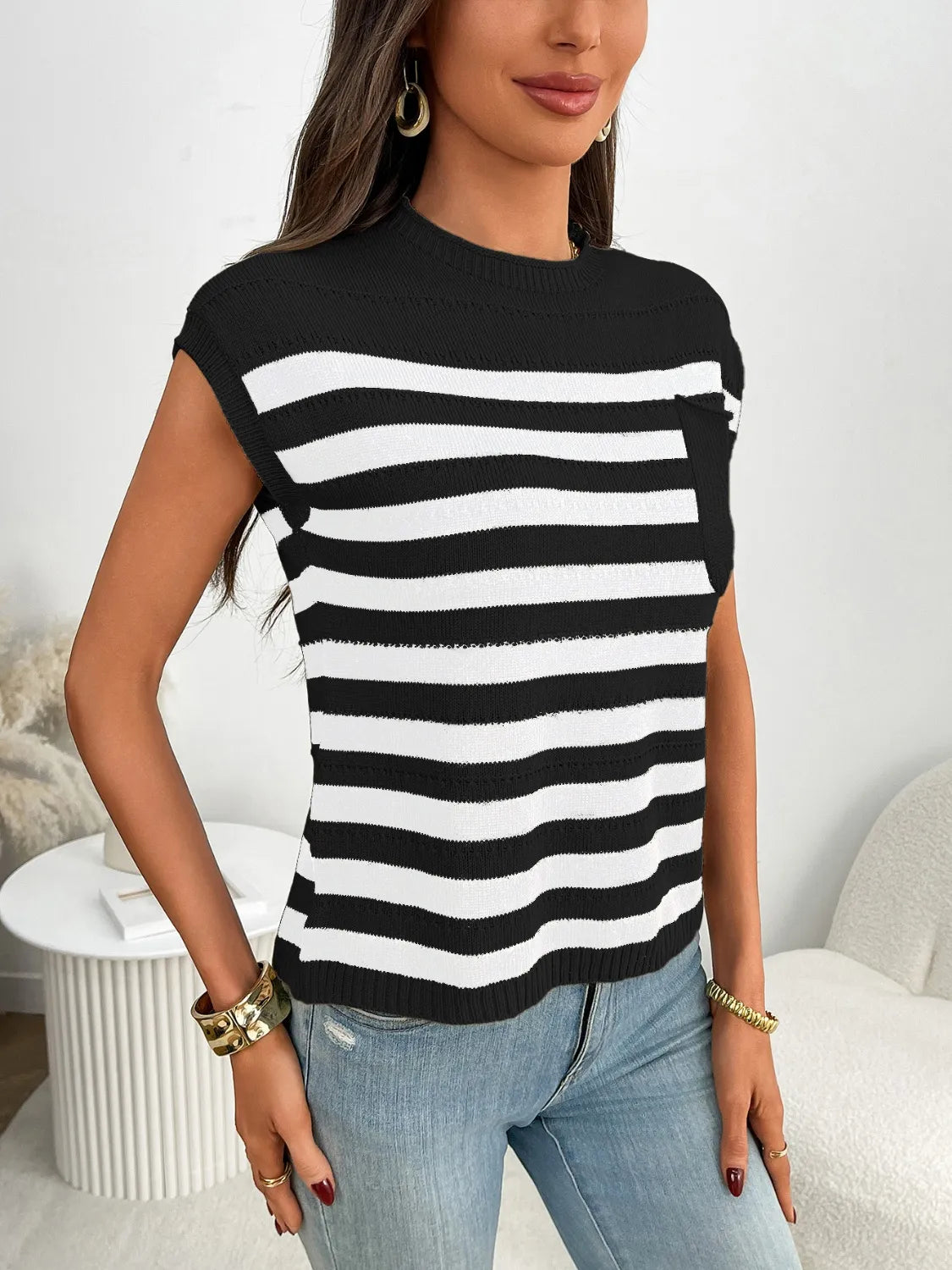 Striped Mock Neck Cap Sleeve Knit Top - adritiX
