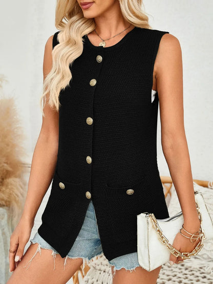 Button Down Round Neck Knit Vest - adritiX