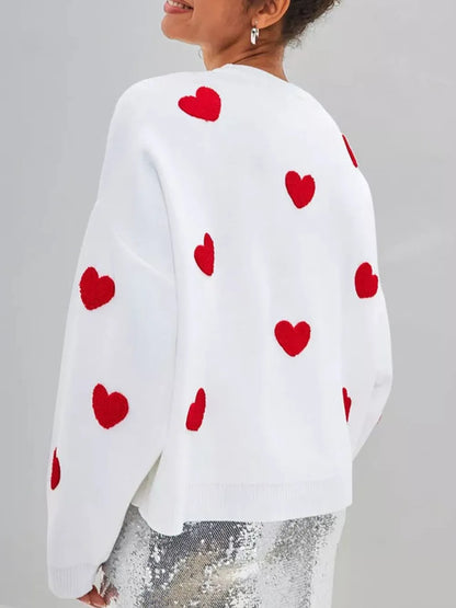 Heart Round Neck Dropped Shoulder Sweater - adritiX