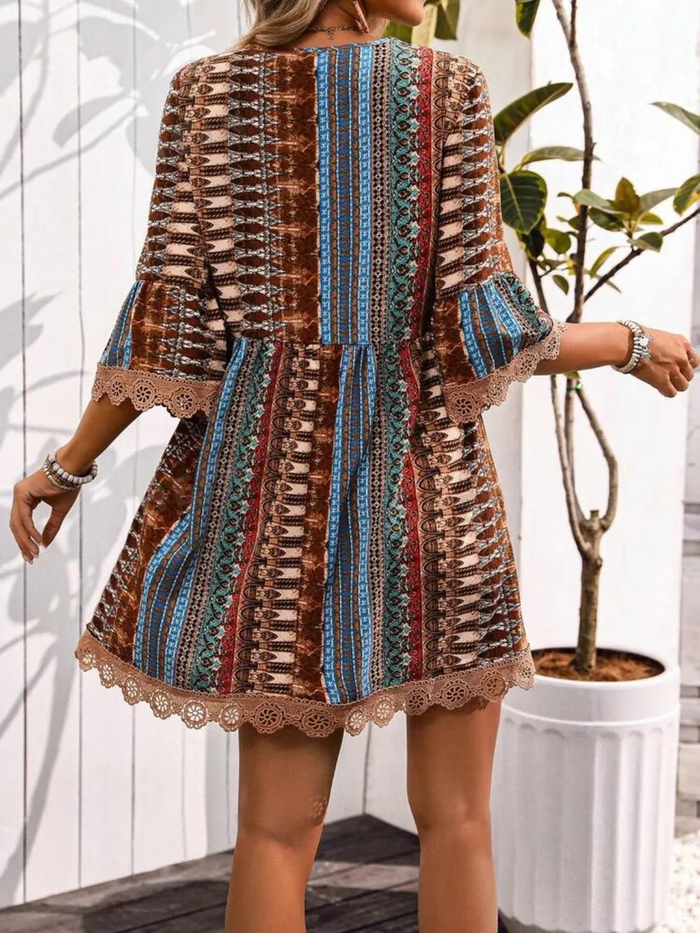 Elegant Lace Trim Printed V-Neck 3/4 Sleeve Dress - adritiX