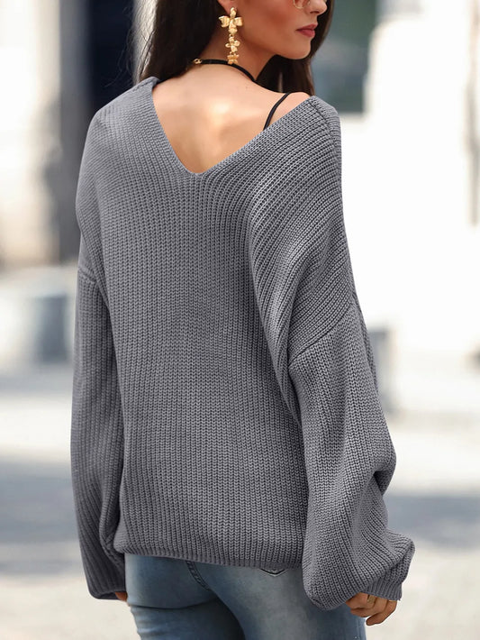 Full Size Lace Up V-Neck Long Sleeve Sweater - adritiX