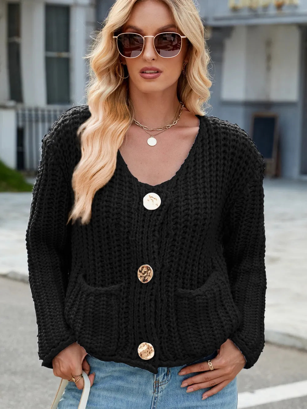 Round Neck Button Up Cardigan with Pockets - adritiX
