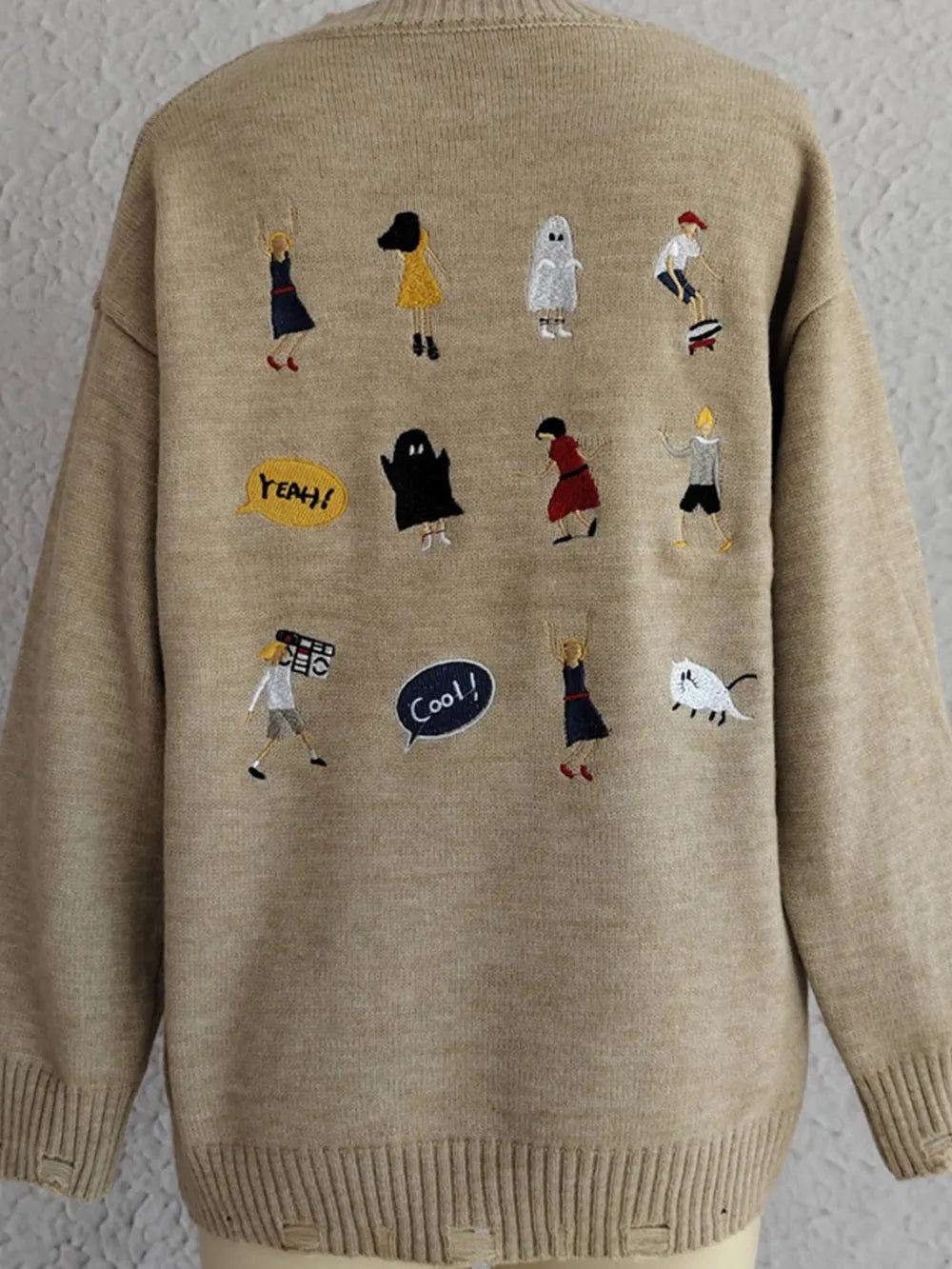 Embroidered Round Neck Dropped Shoulder Sweater - adritiX