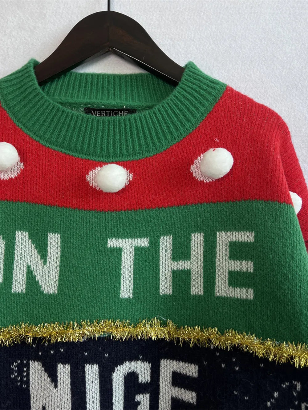 Pom-Pom Contrast Round Neck Long Sleeve Sweater - adritiX