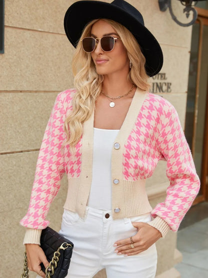 Houndstooth Button Up Long Sleeve Cardigan - adritiX