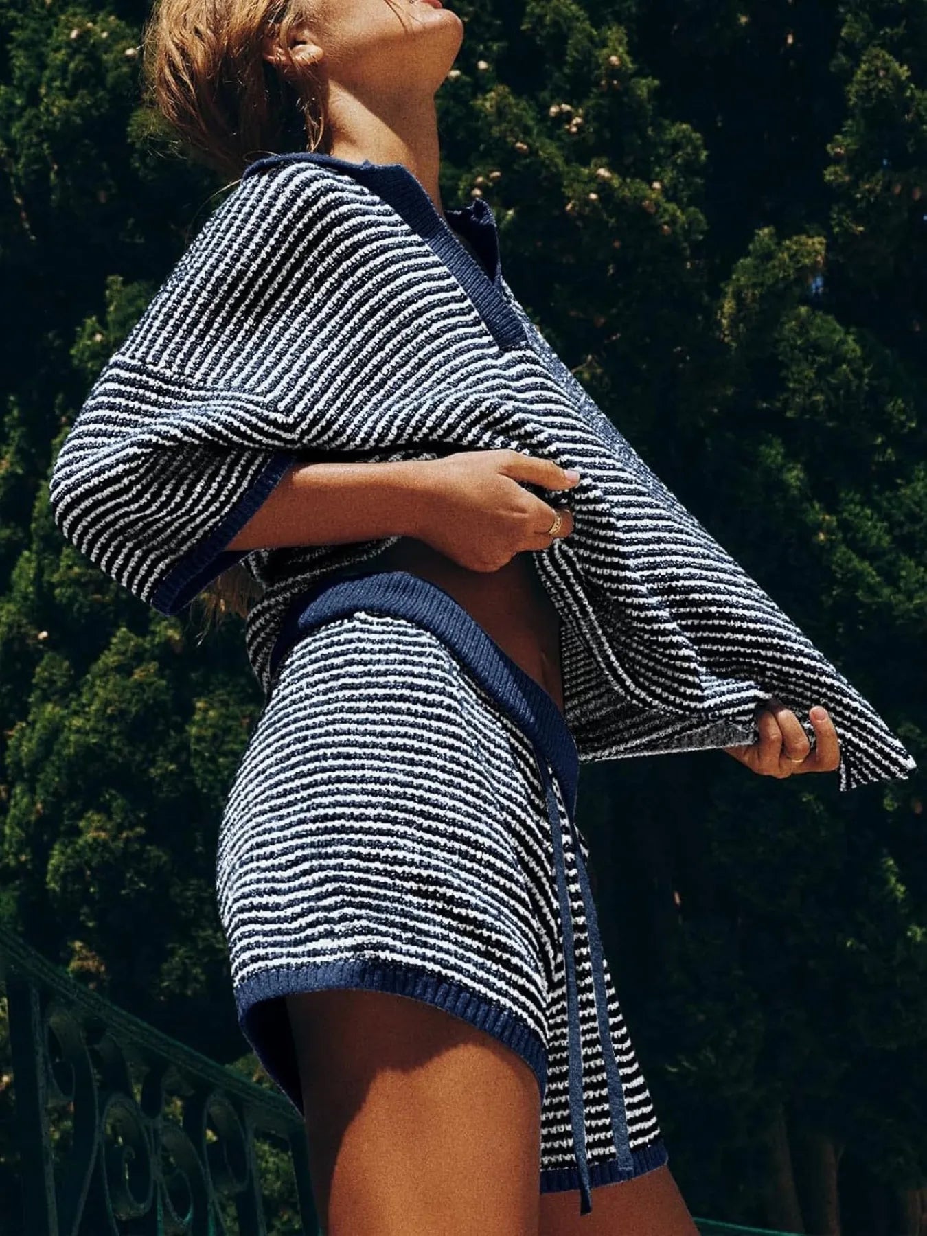 Collared Neck Contrast Striped Top and Shorts Sweater Set - adritiX