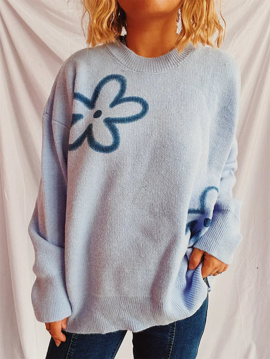 Flower Round Neck Long Sleeve Sweater - adritiX