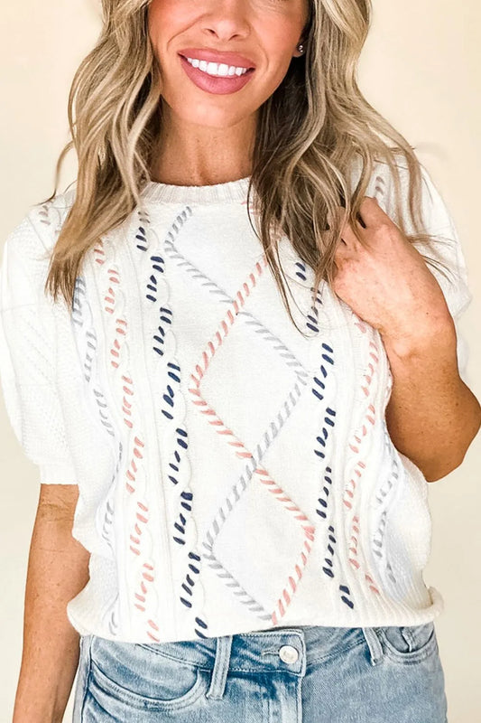 Elegant Cable Knit Round Neck Half Sleeve Sweater - adritiX