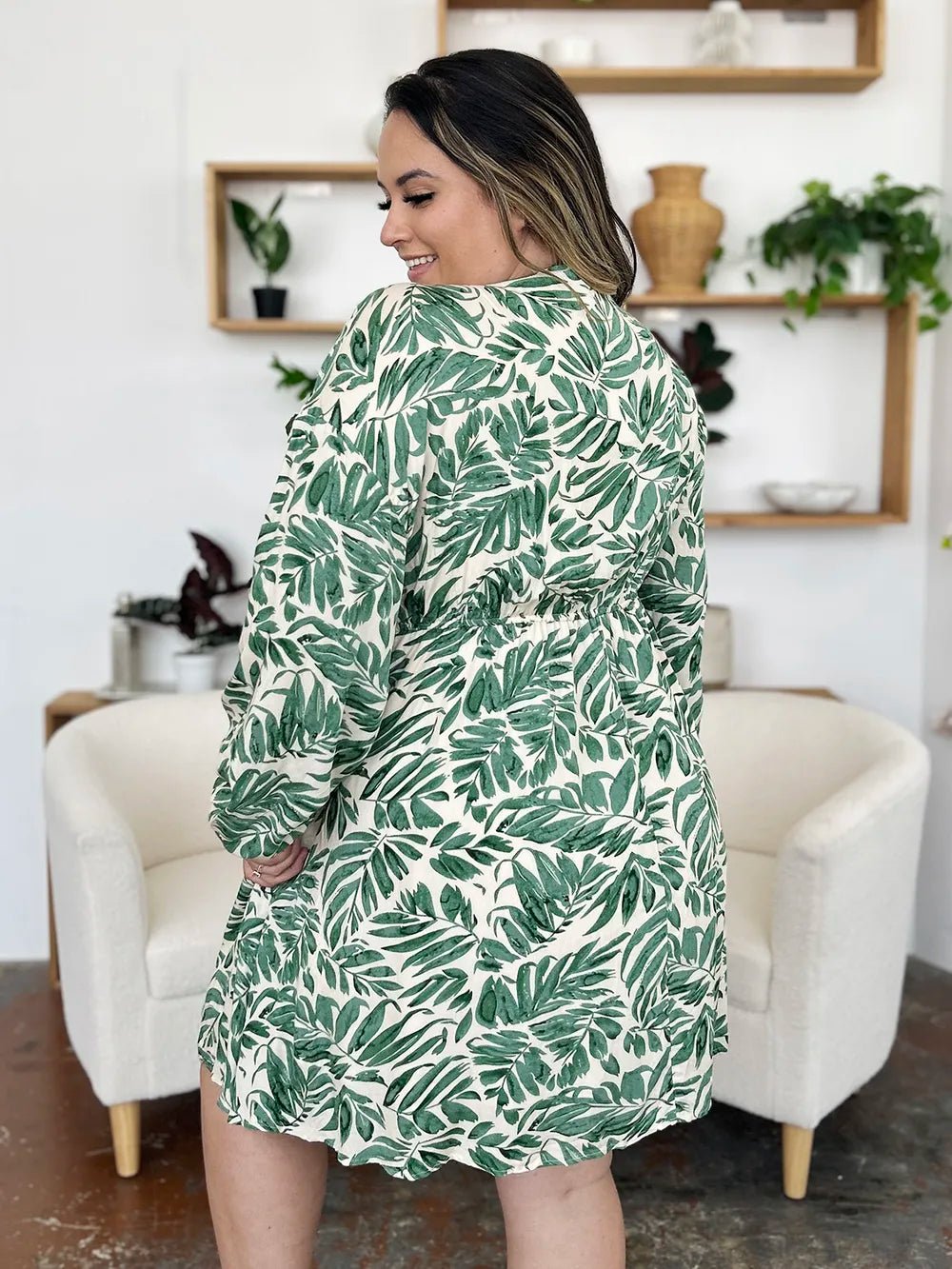Double Take Full Size Printed Ruched Balloon Sleeve Dress - adritiX