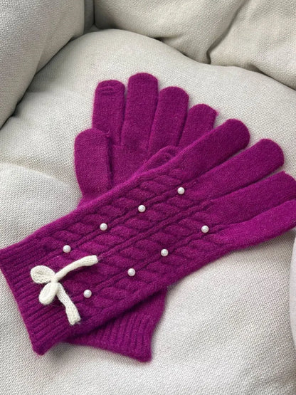 Thermal Pearl Detail Bow Five-Finger Gloves - adritiX