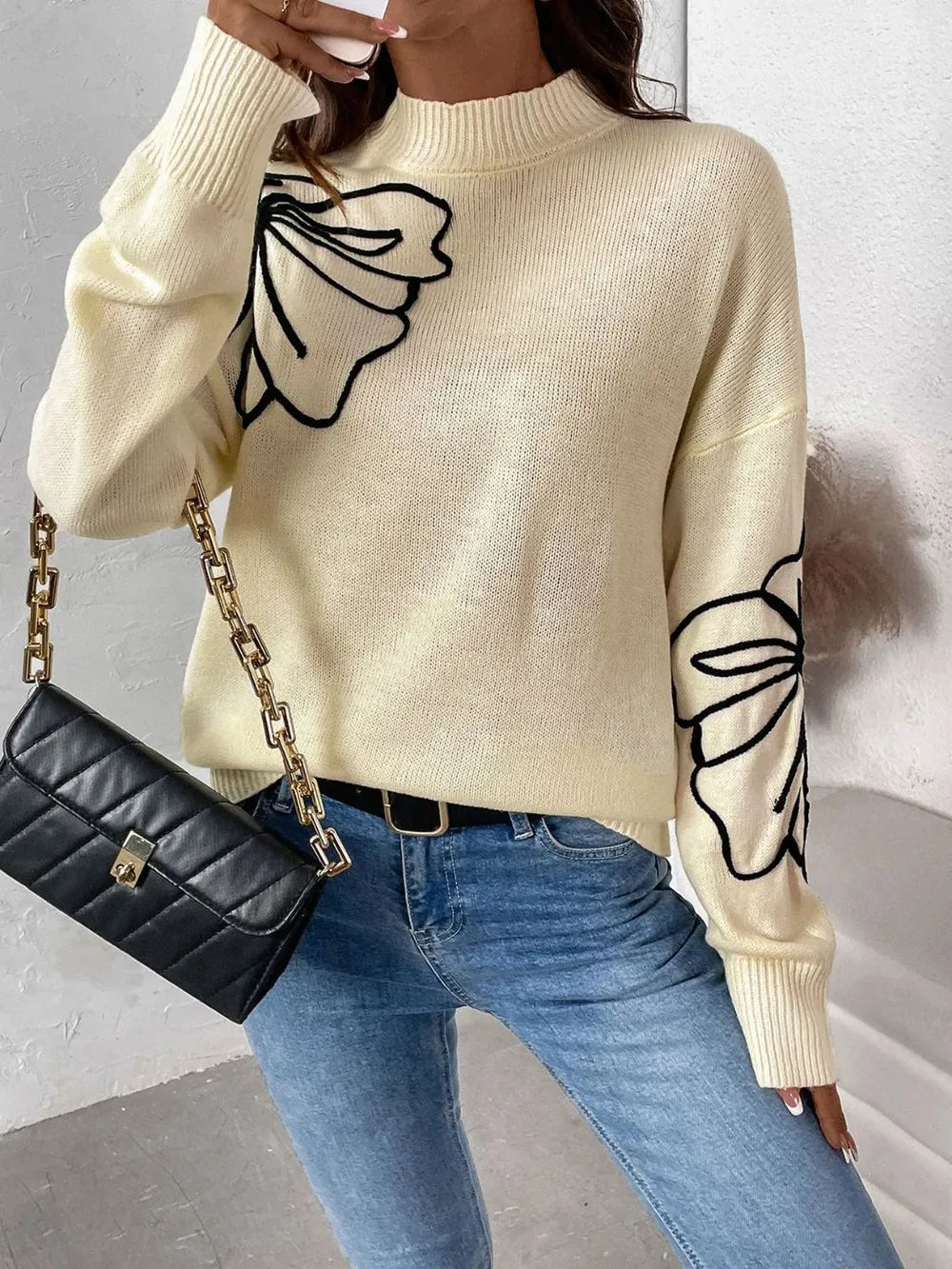 Perfee Mock Neck Dropped Shoulder Long Sleeve Sweater - adritiX