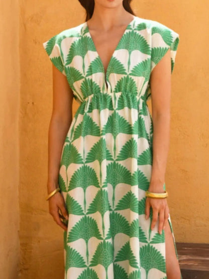 Elegant Slit Printed V-Neck Cap Sleeve Maxi Dress - adritiX