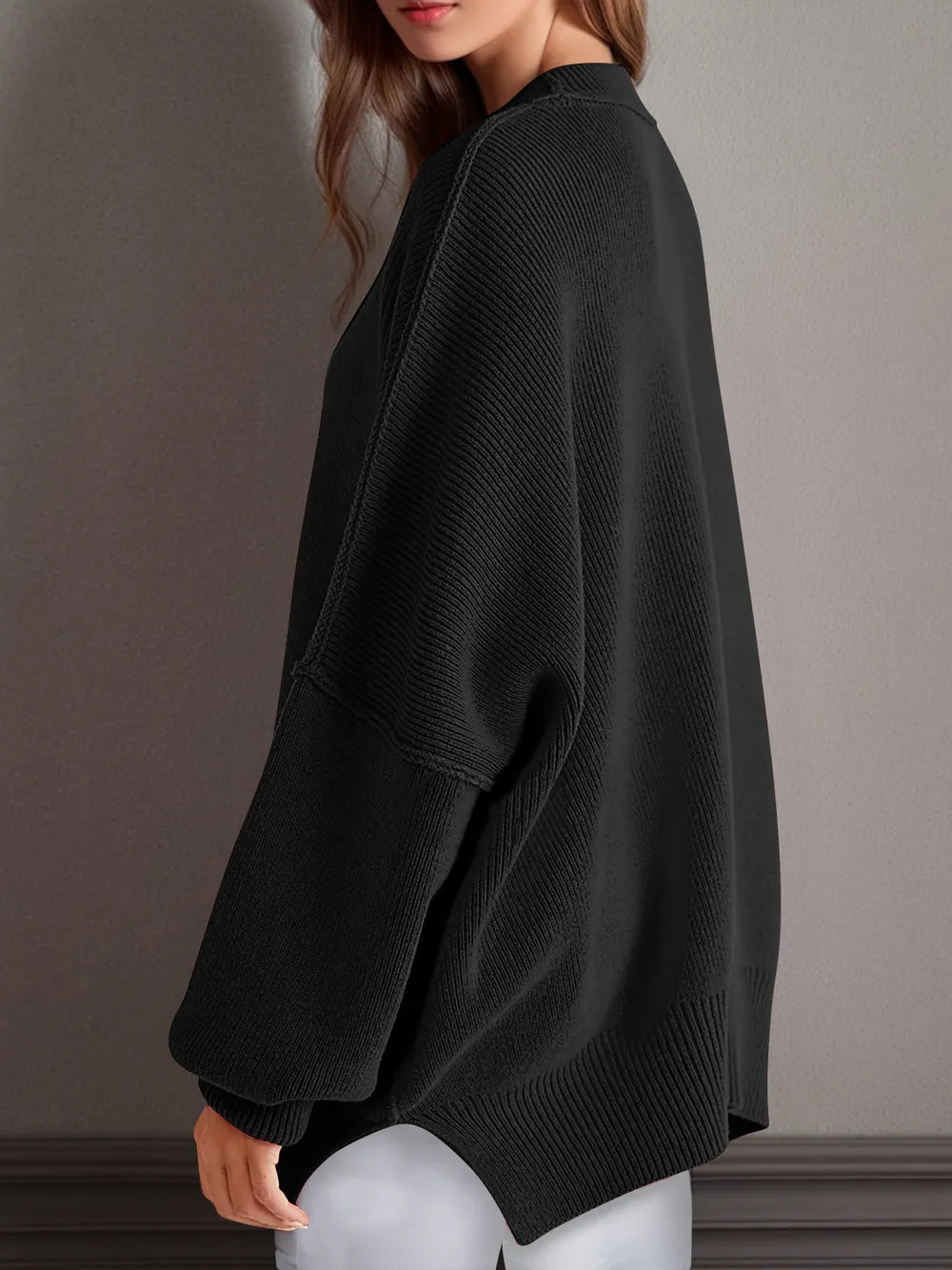 Double Take Side Slit Round Neck Long Sleeve Sweater - adritiX