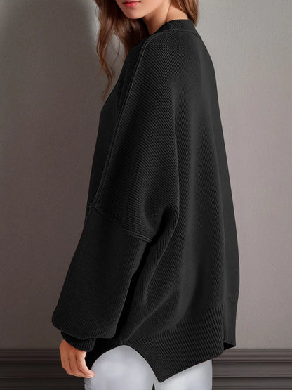 Double Take Side Slit Round Neck Long Sleeve Sweater - adritiX