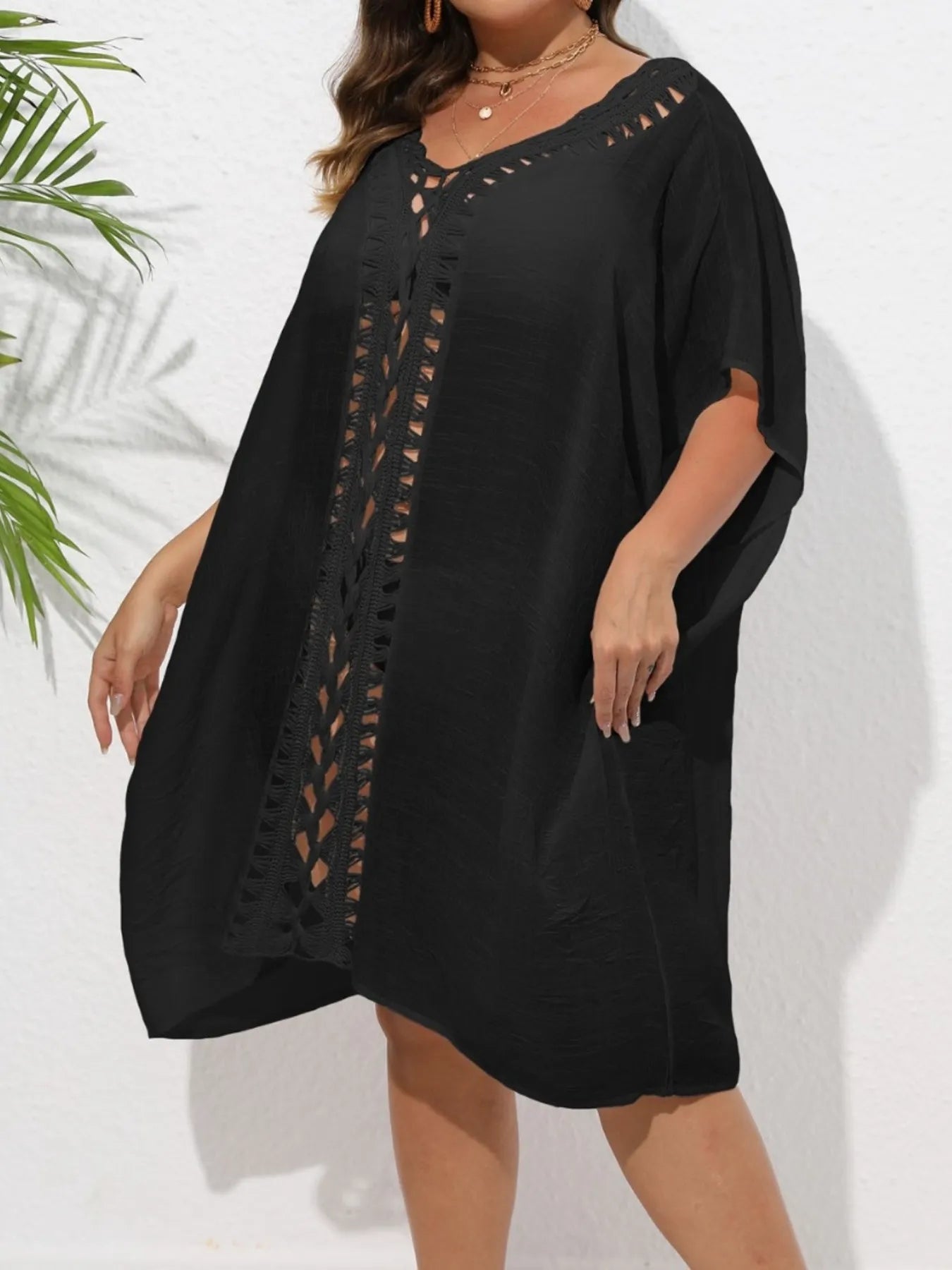 Crochet Trim V-Neck Beach Cover Up Dress - adritiX