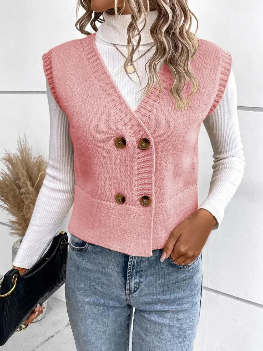Full Size Button Up V-Neck Sweater Vest - adritiX