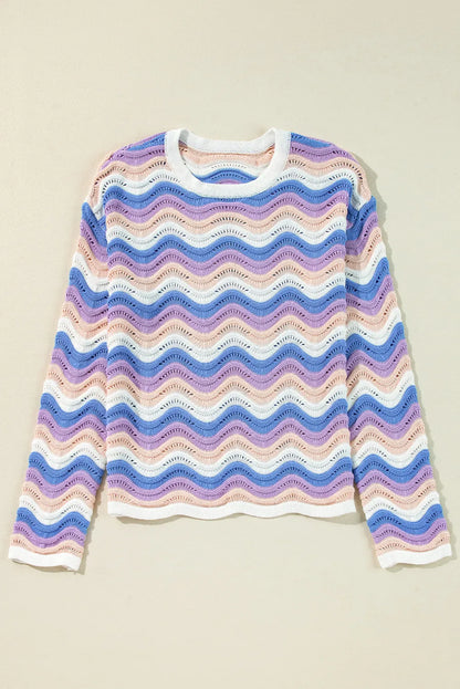 Contrast Wave Stripe Long Sleeve Sweater - adritiX