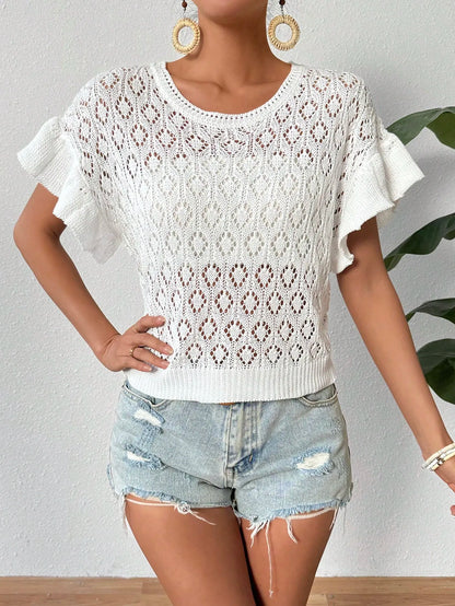 Ruffled Openwork Round Neck Knit Top - adritiX