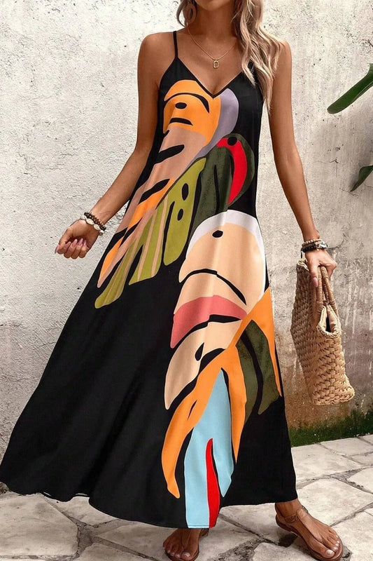 Tropical Leaf Print V-Neck Maxi Cami Dress - adritiX