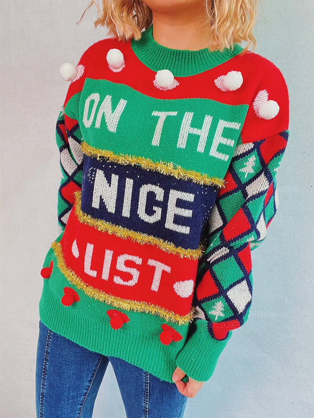 Pom-Pom Contrast Round Neck Long Sleeve Sweater - adritiX