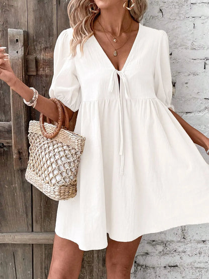 V-Neck Tie-Front Mini Dress with Puff Sleeves - adritiX