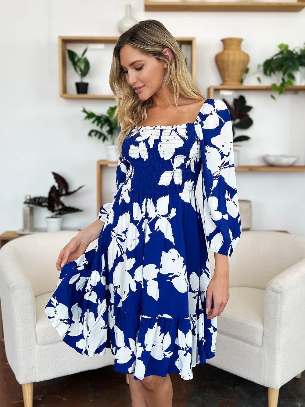 Double Take Full Size Floral Ruffle Hem Smocked Dress with Pockets - adritiX