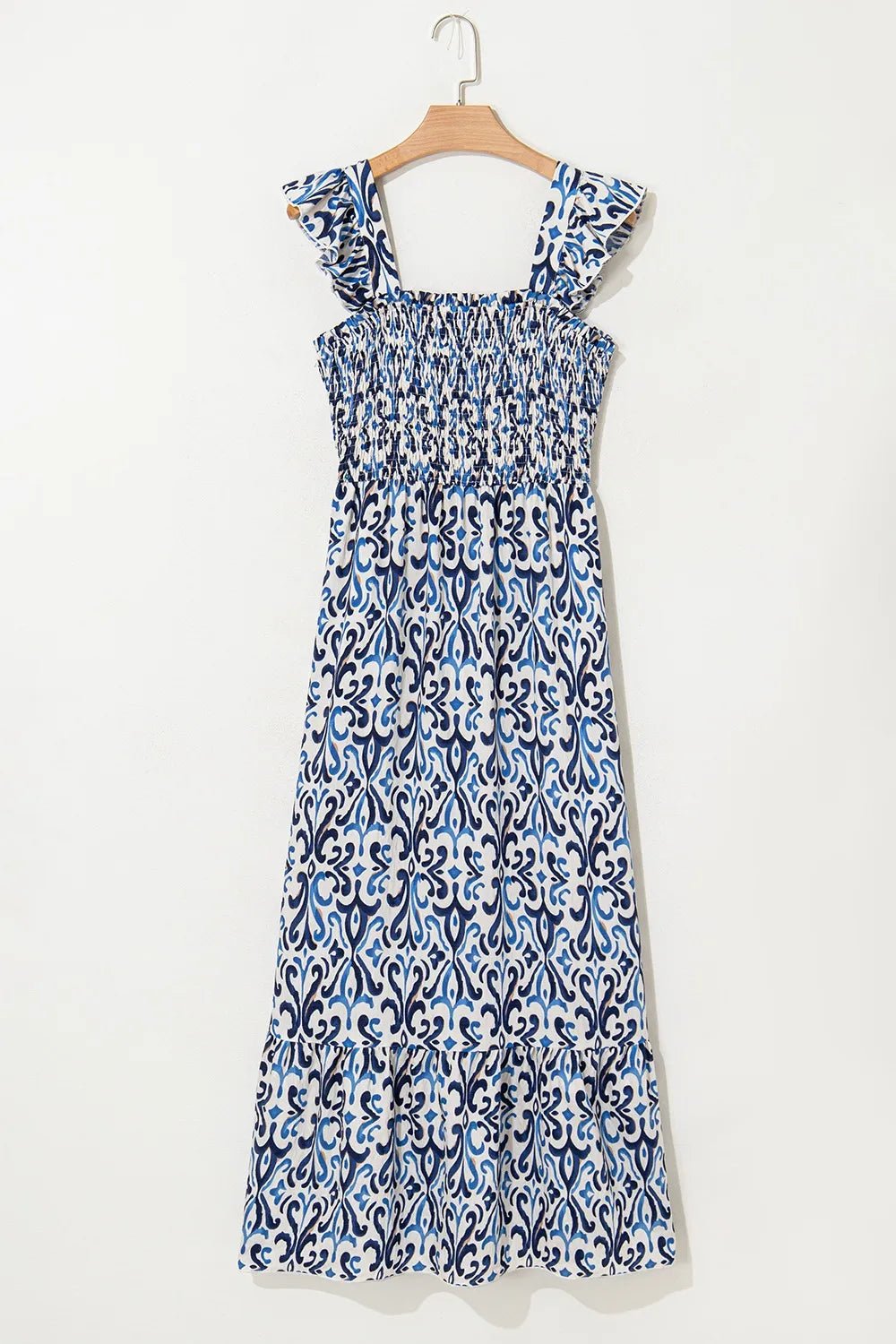 Smocked Printed Square Neck Dress - adritiX