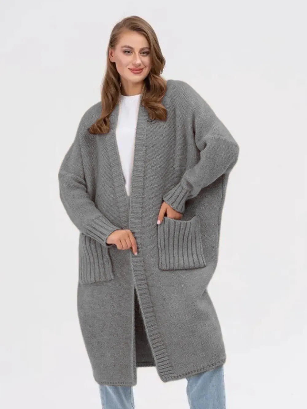 Pocketed Open Front Long Sleeve Longline Cardigan - adritiX