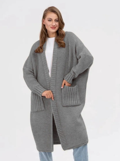 Pocketed Open Front Long Sleeve Longline Cardigan - adritiX