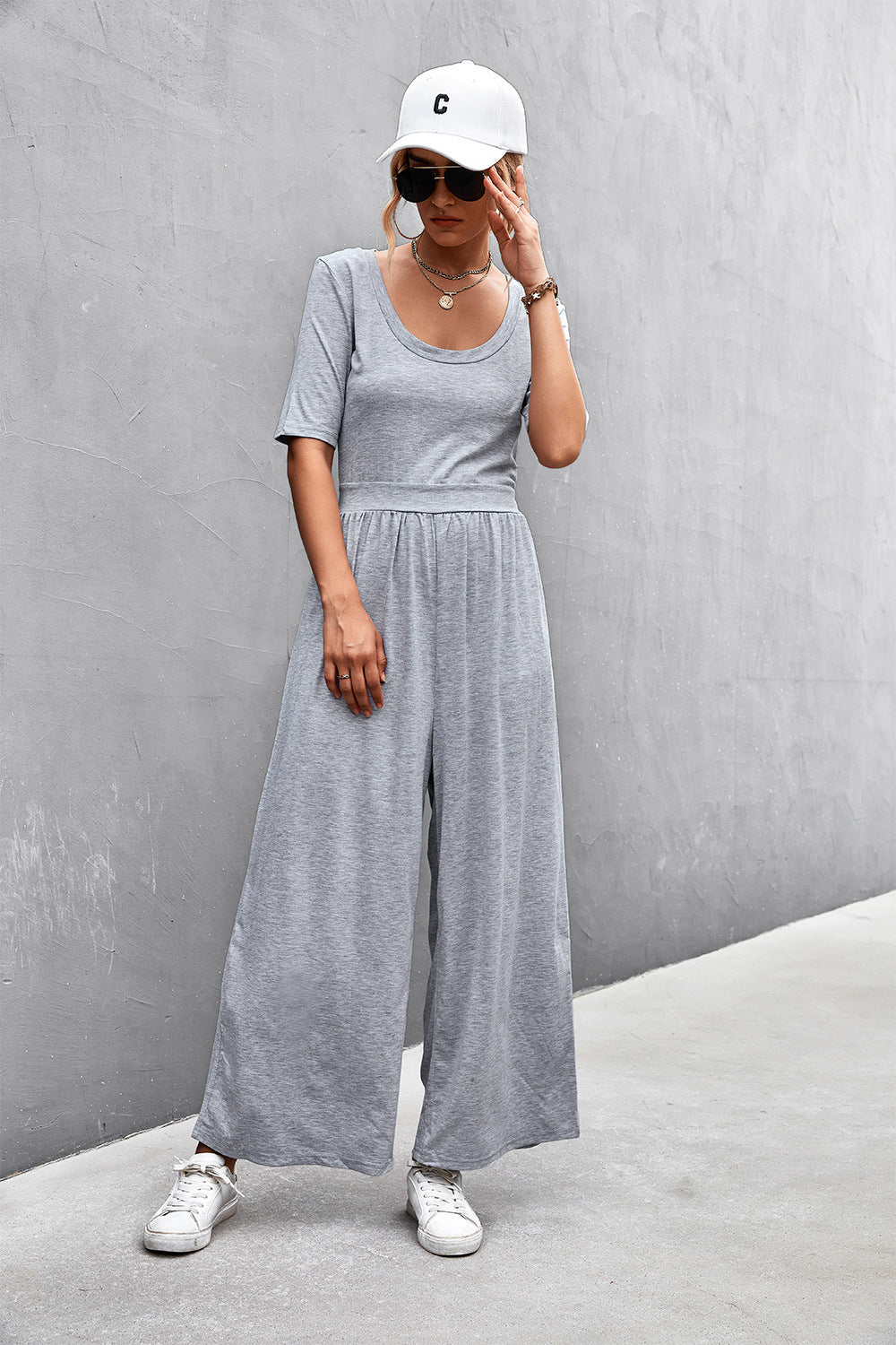 Elegant Scoop Neck Half Sleeve Wide Leg Jumpsuit - adritiX