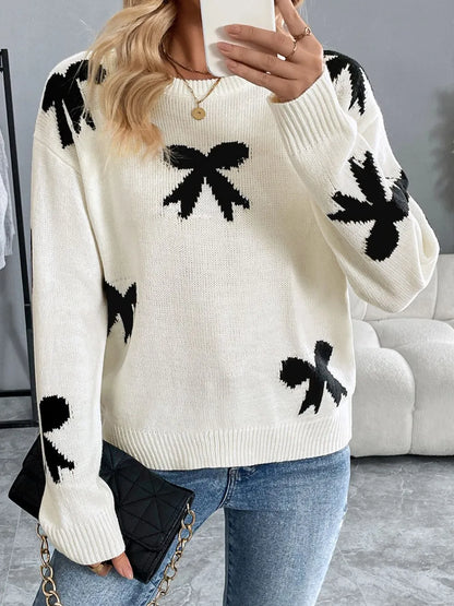 Perfee Bow Graphic Round Neck Long Sleeve Sweater - adritiX