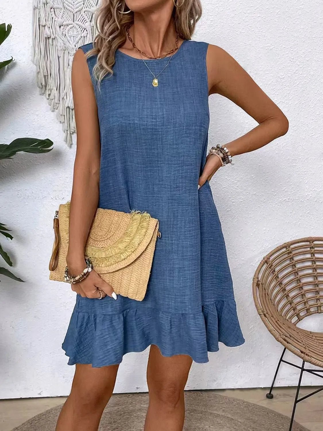 Ruffled Hem Round Neck Sleeveless Dress - adritiX