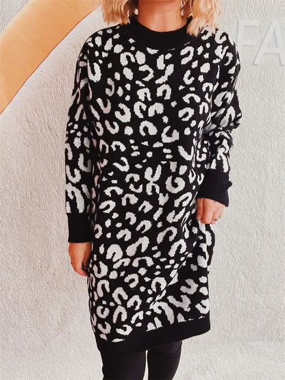 Leopard Round Neck Long Sleeve Sweater - adritiX