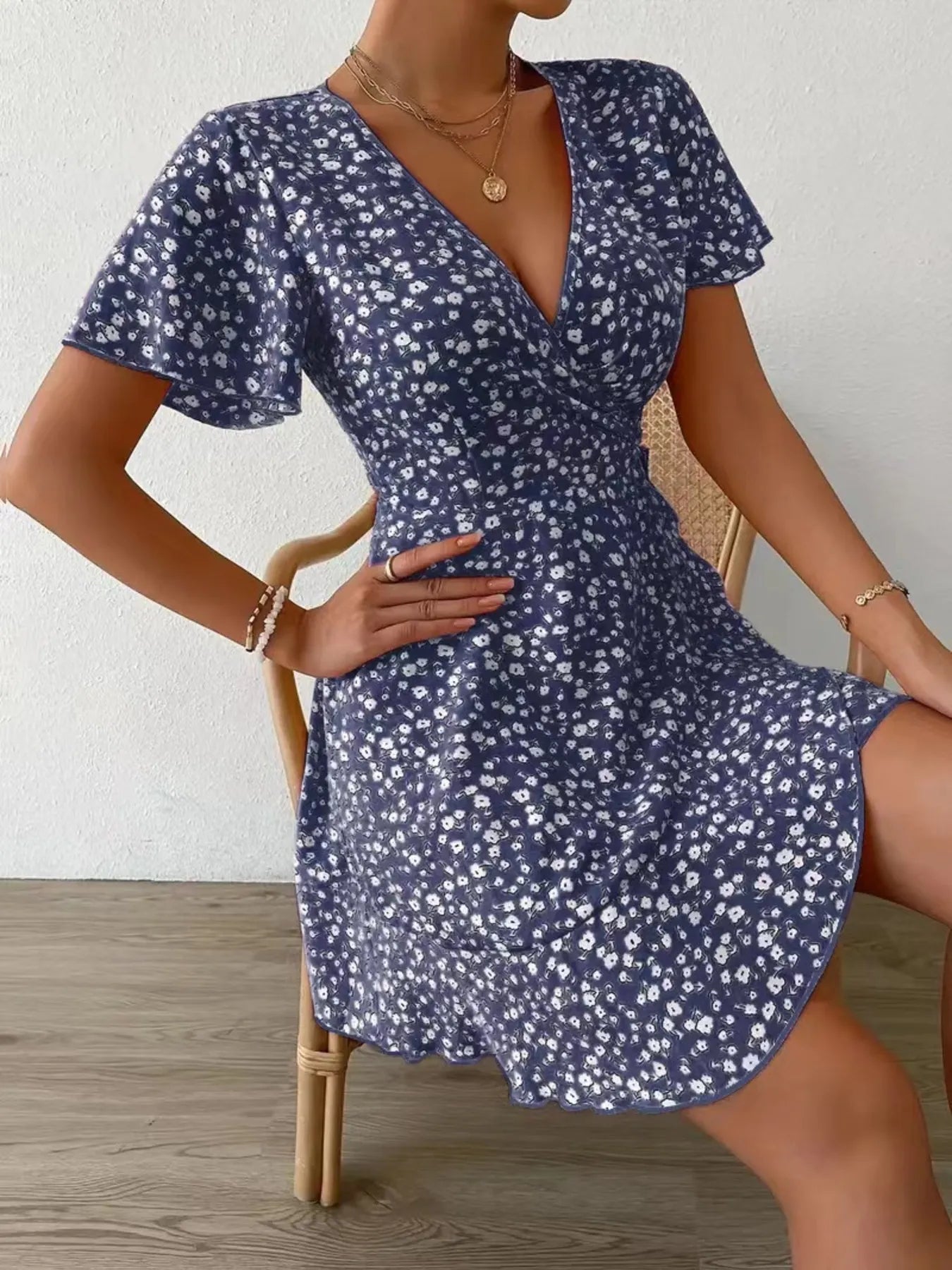 Floral Flutter Sleeve Wrap Mini Dress - adritiX