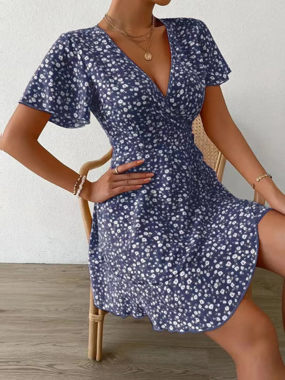 Floral Flutter Sleeve Wrap Mini Dress - adritiX