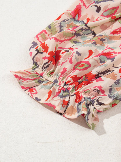 Floral Print Frilled Neck Puff Sleeve High Waist Dress - adritiX