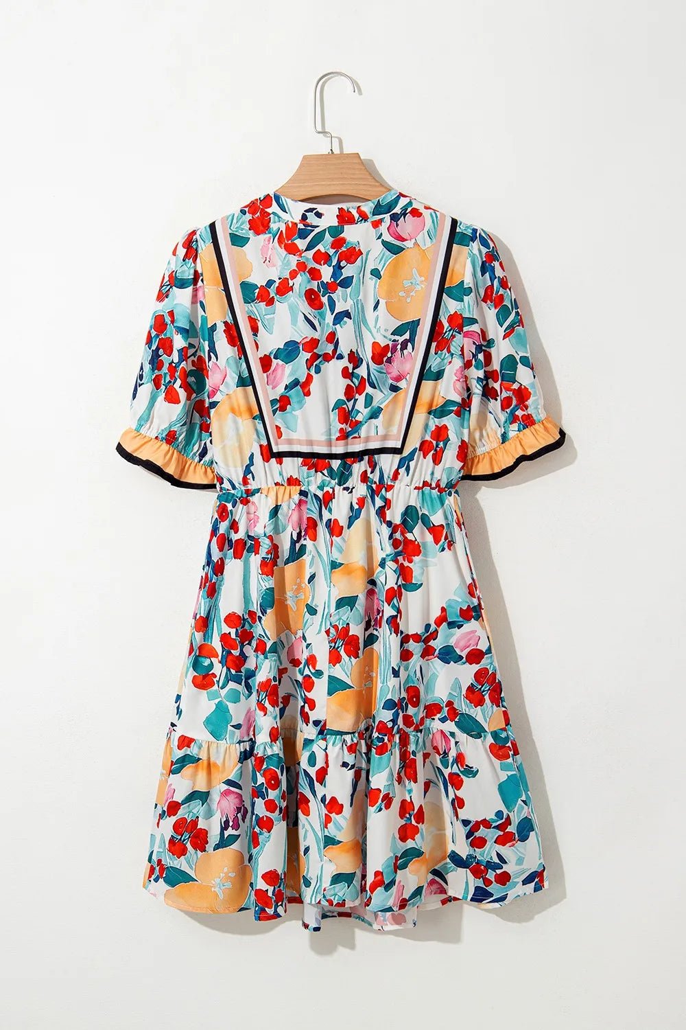 Floral Print Zipper Ruffled Short Sleeve High Waist Mini Dress - adritiX