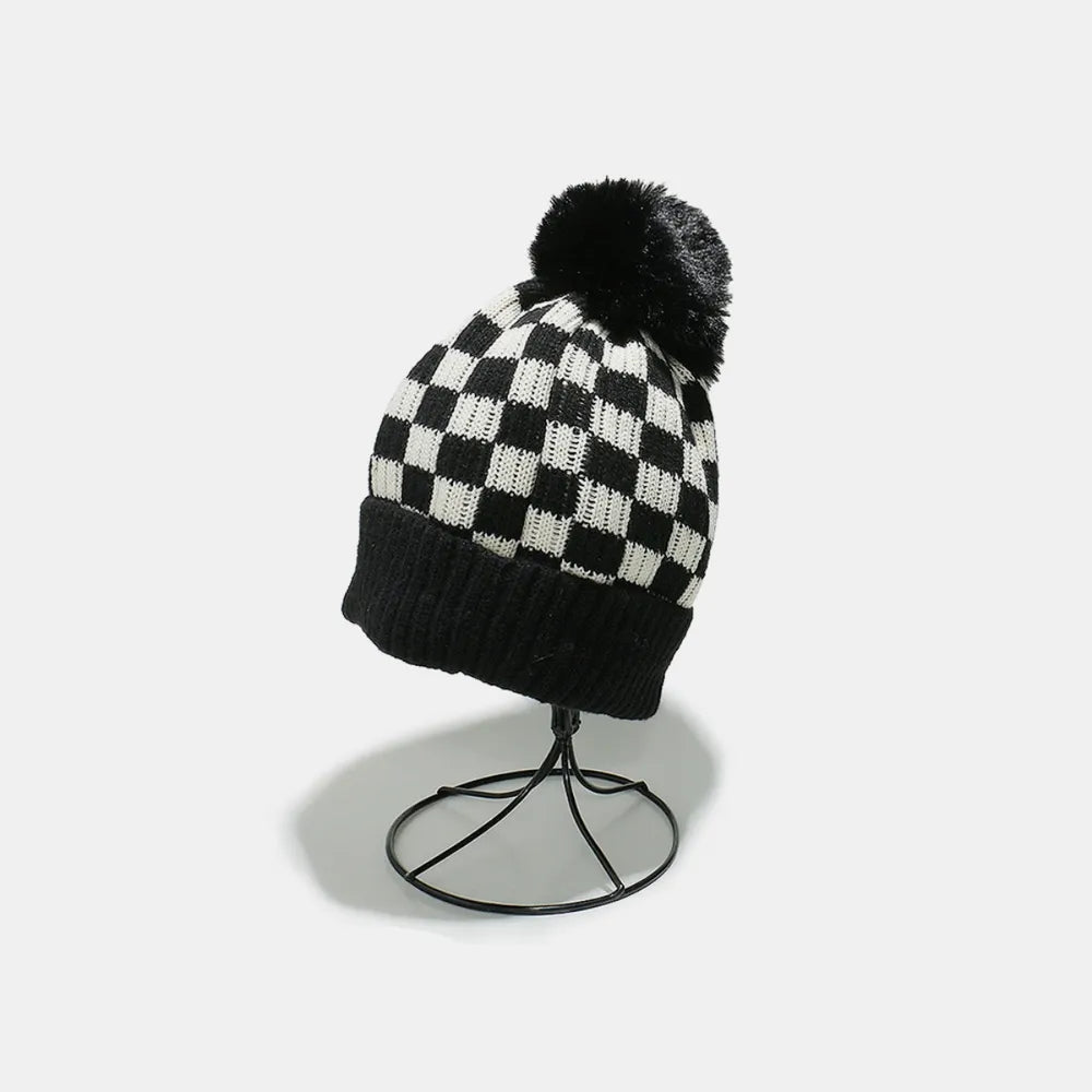 Checkered Knit Hat with Pompom - adritiX